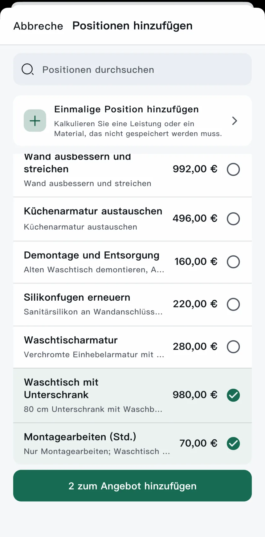 Scope-App — gespeicherte Positionen zum Angebot hinzufügen