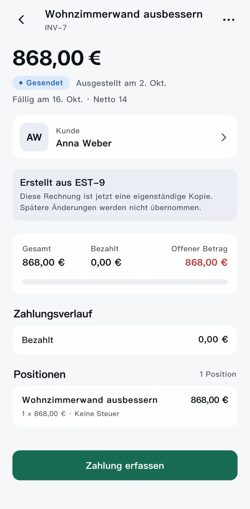 Scope-App — versendete Rechnung mit offenem Betrag