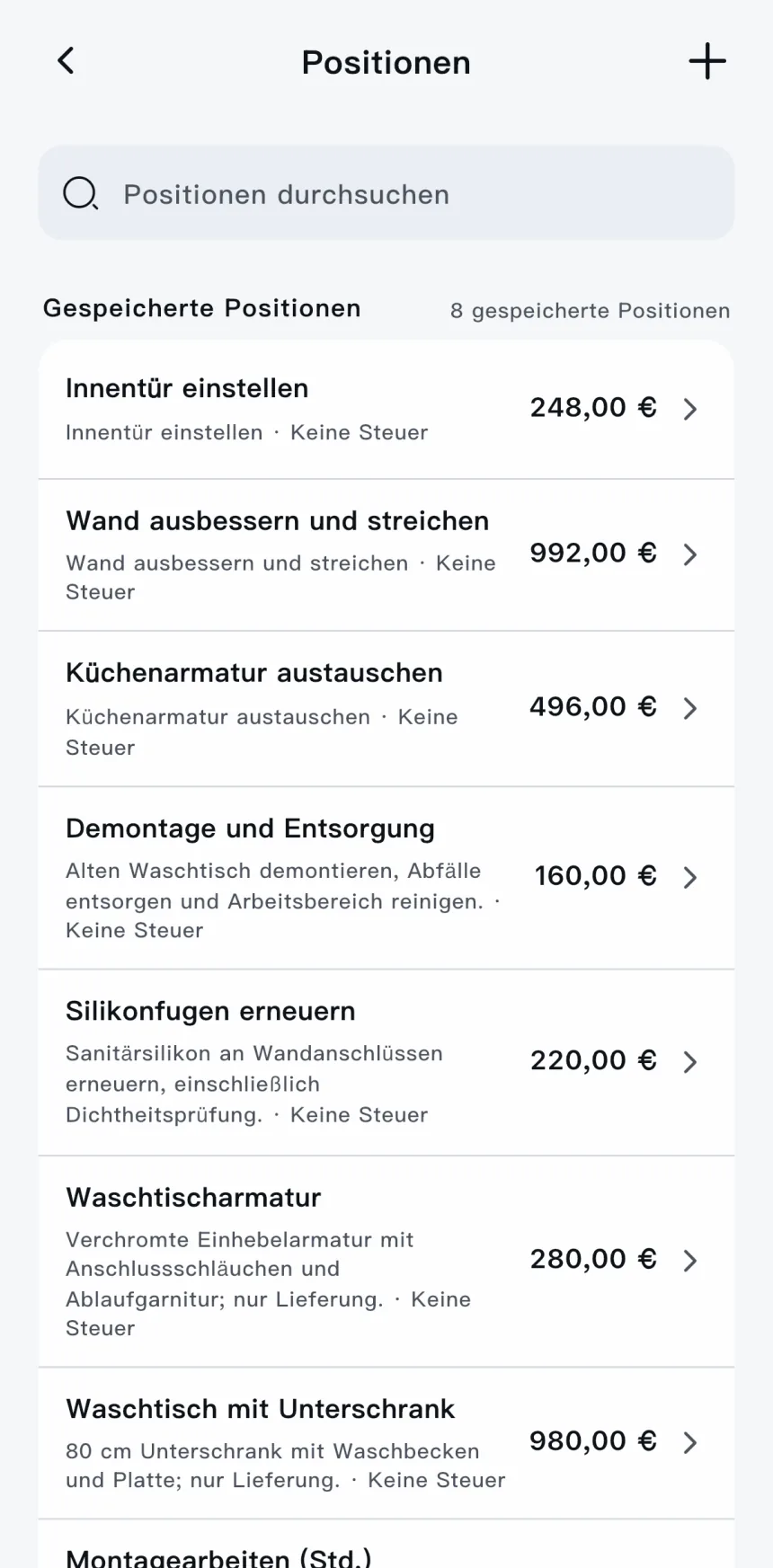 Scope-App — gespeicherte Positionen mit Preisen
