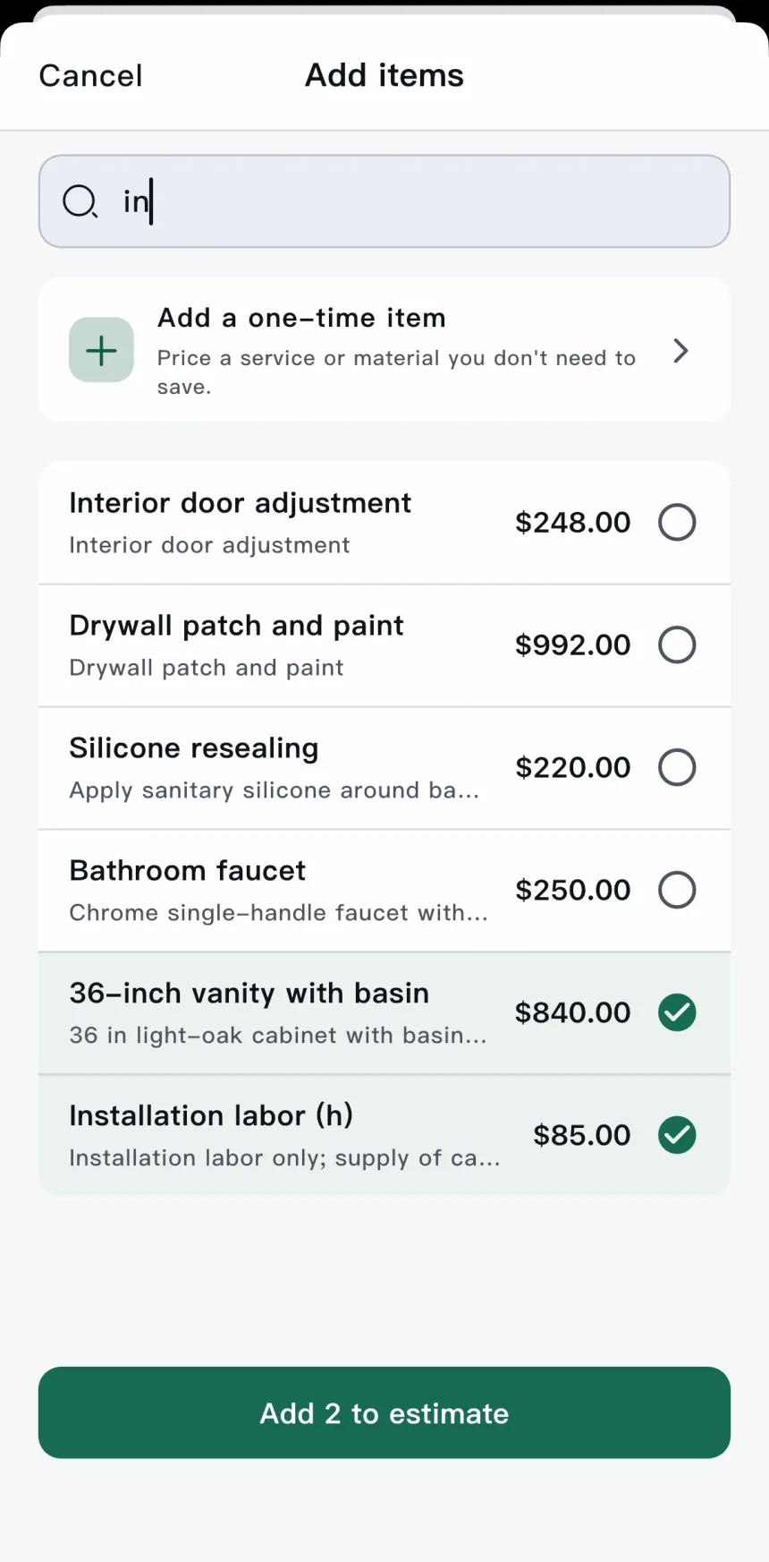 Scope app — picking saved items to add to an estimate