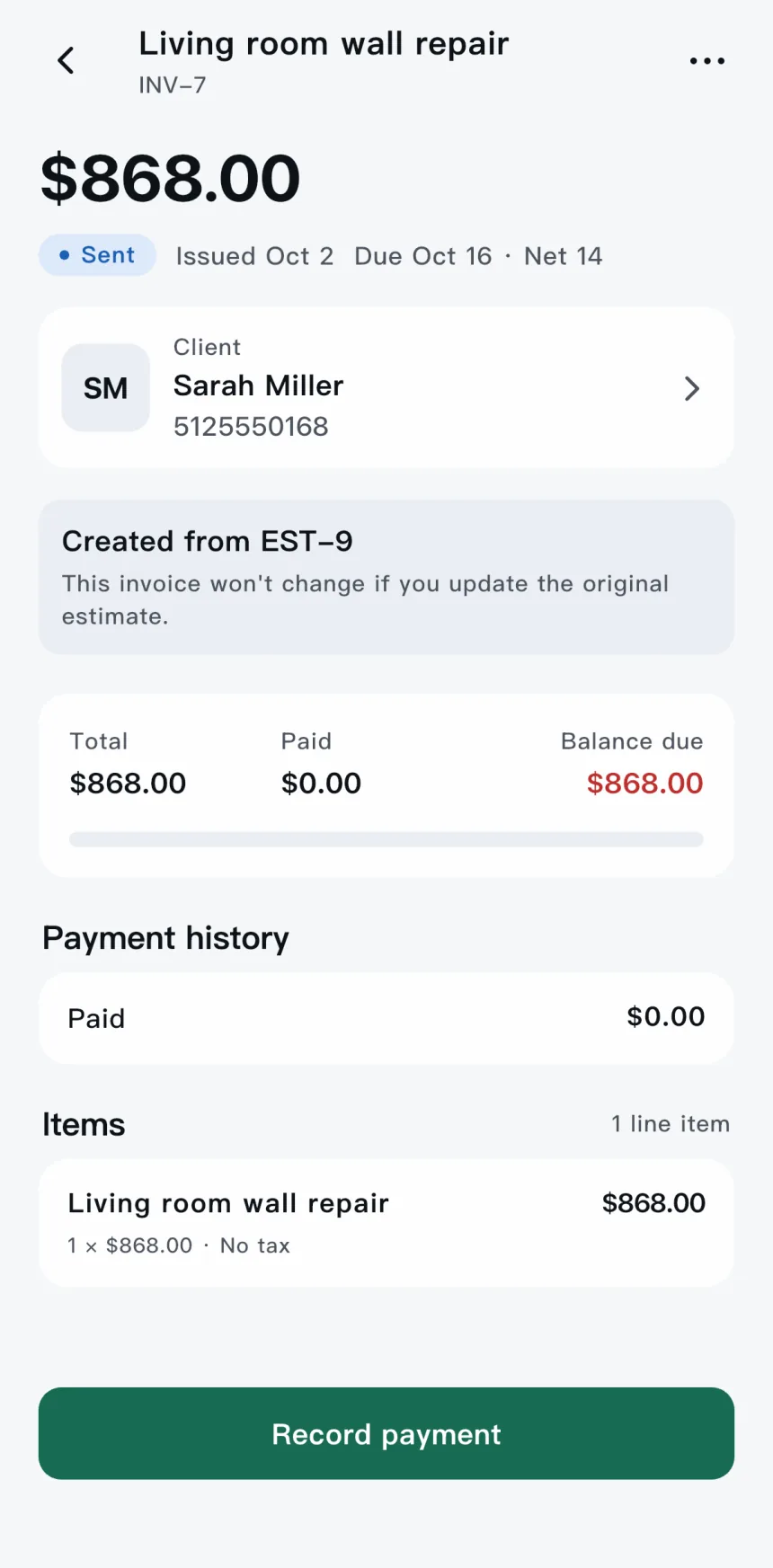 Scope app — a sent invoice with its balance due