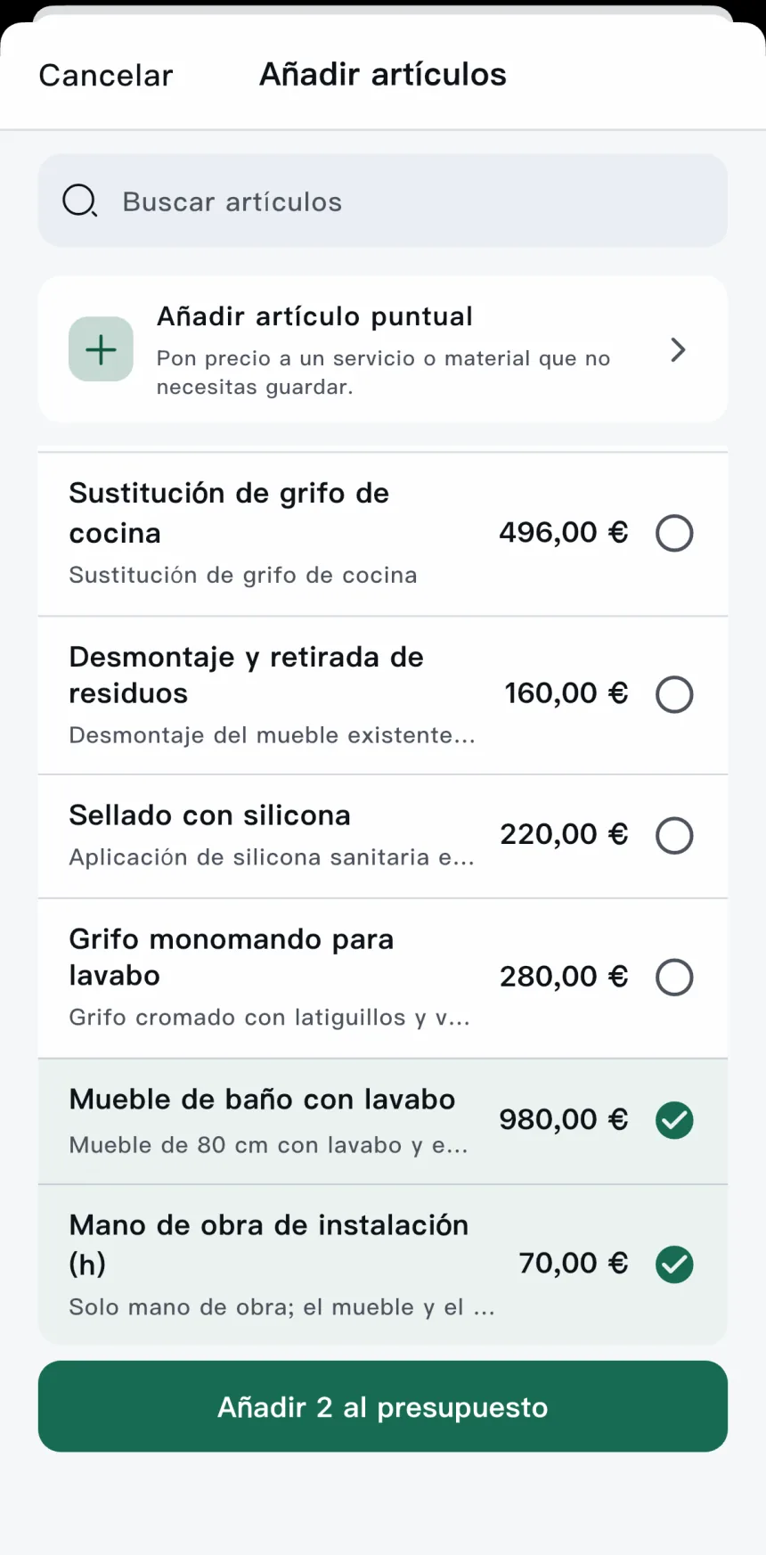 App Scope — agregar conceptos guardados a la cotización