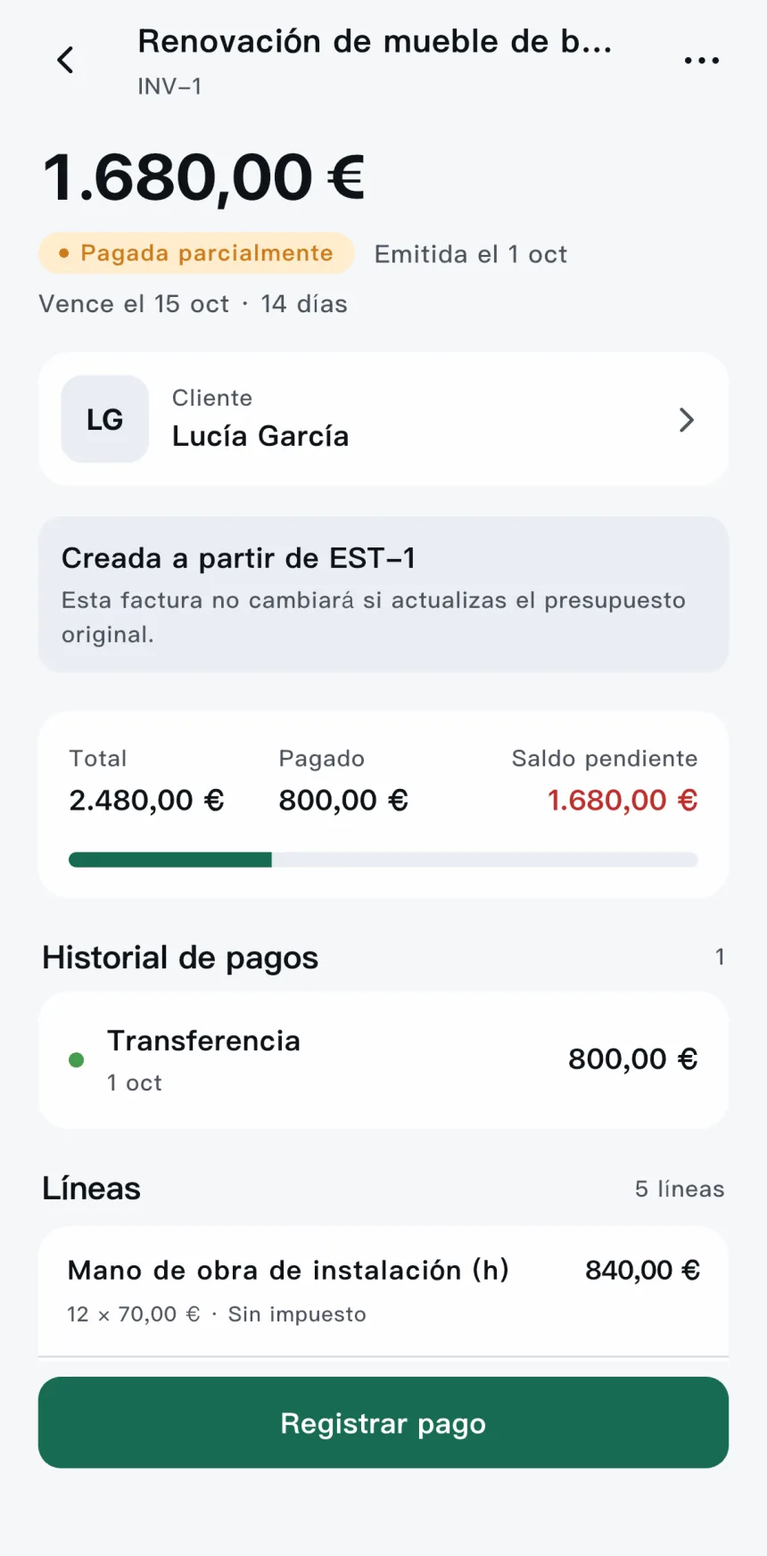Scope — Factura al terminar el trabajo.