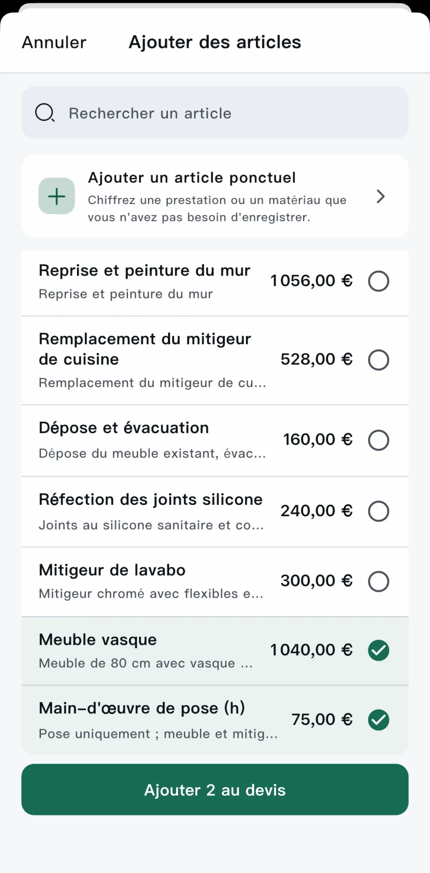 Application Scope — ajout d’articles enregistrés au devis