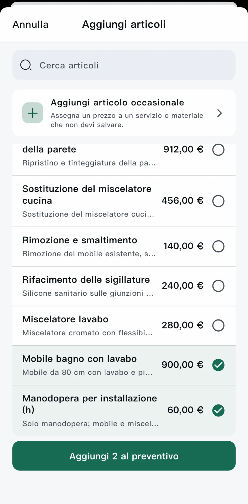 App Scope — aggiunta di articoli salvati al preventivo