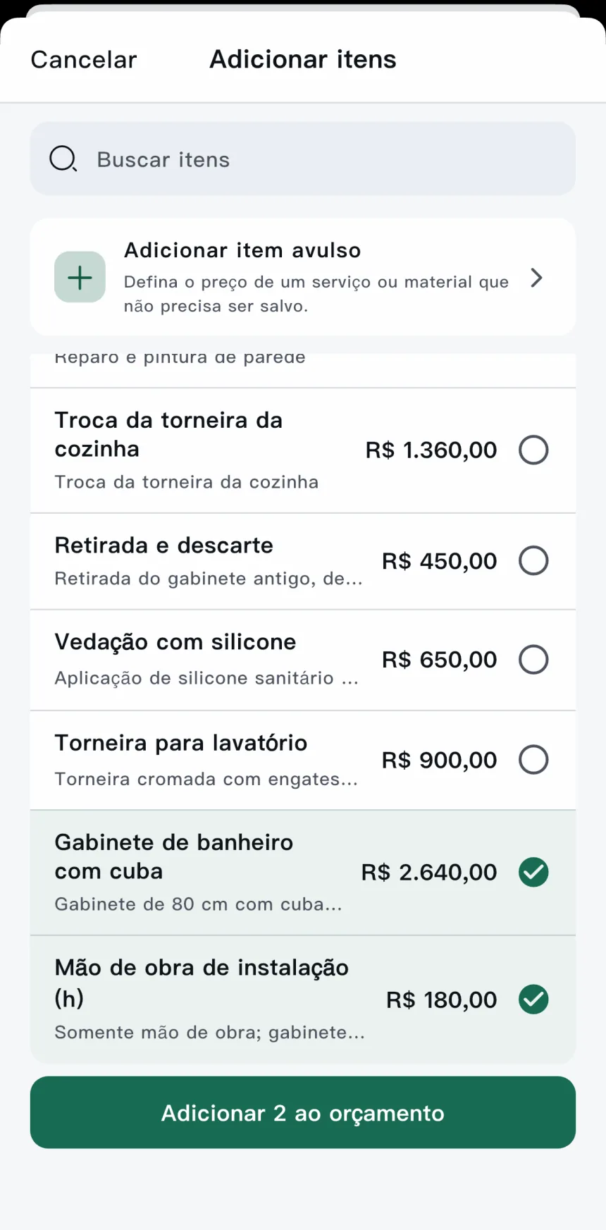 App Scope — adicionando itens salvos ao orçamento