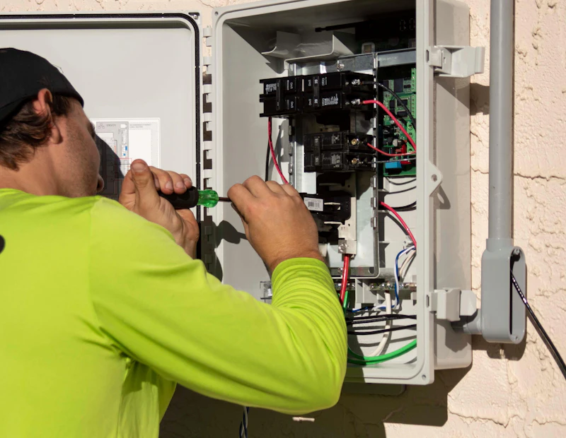 Electrician working at an open breaker panel