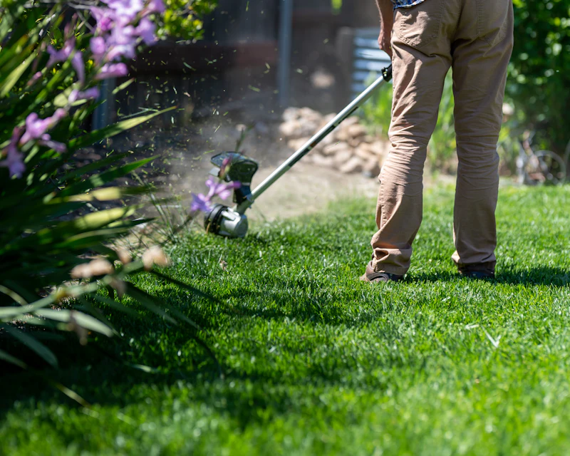 Landscaper edging a lawn with a string trimmer